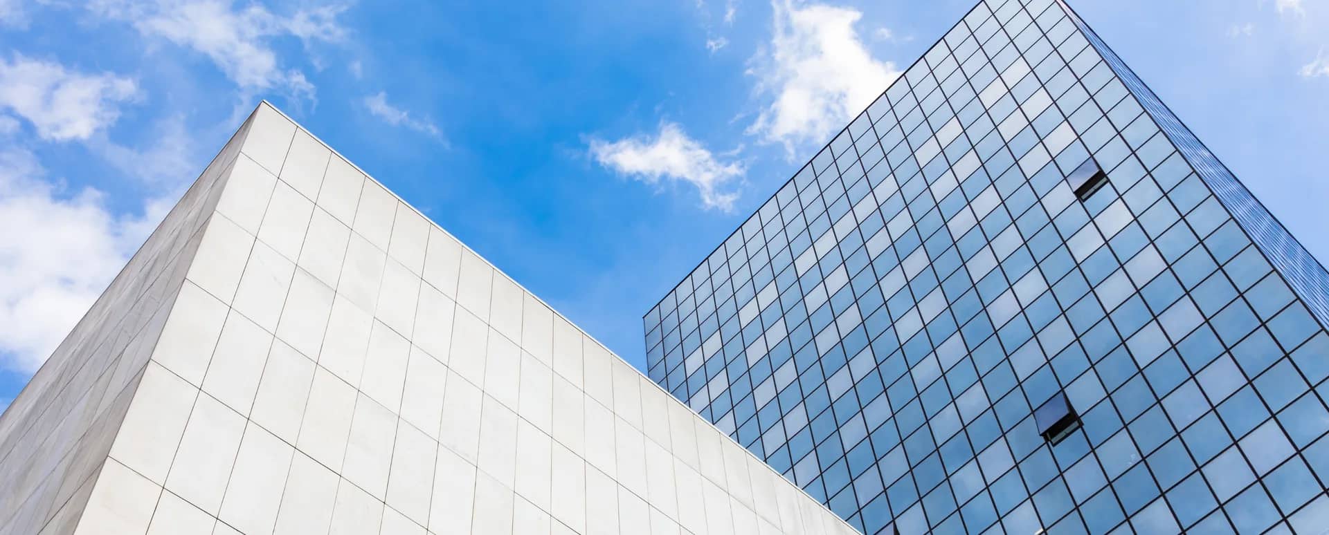 Two commercial elevations meeting against an open sky — pale cladding on one side, a blue glass curtain wall on the other, both clean to the top floor.