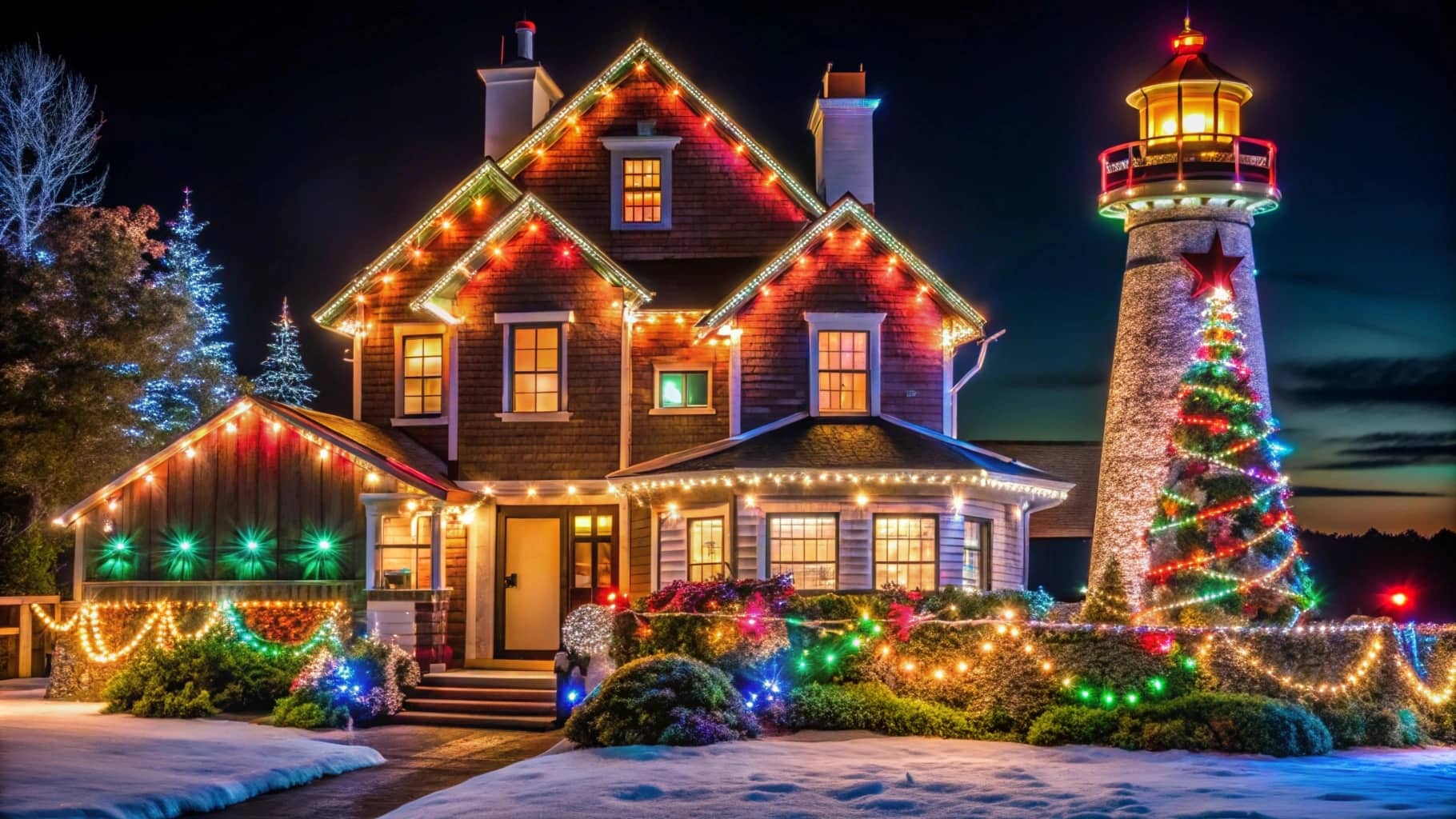 Holiday light installation: a house outlined in festive lights at dusk, roofline, porch and planting all strung.