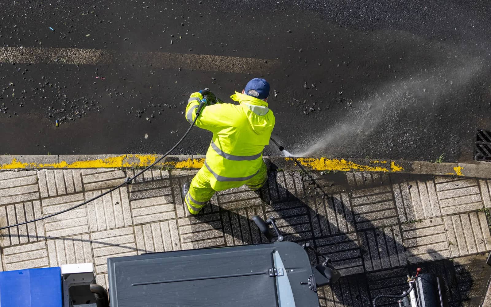 Power washing: an operator in hi-vis waterproofs washing down a kerb line seen from above, the jet driving traffic film off the channel where asphalt meets block paving.
