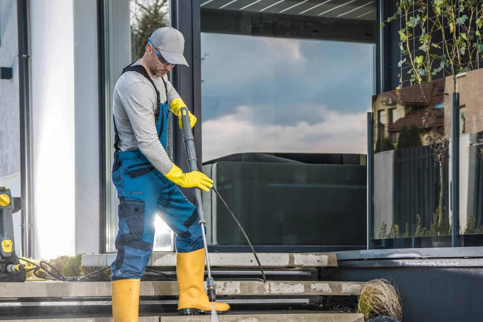Power washing: a technician in waterproofs washing down exterior stonework with a pressure lance.