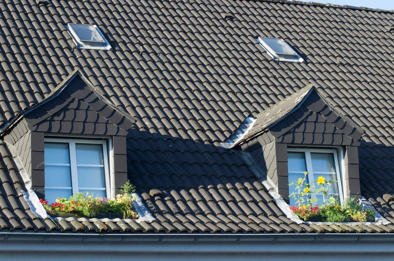 Roof cleaning: two dormers set into a tiled slope, the channels where their cheeks meet the main roof running clear down to the eaves.