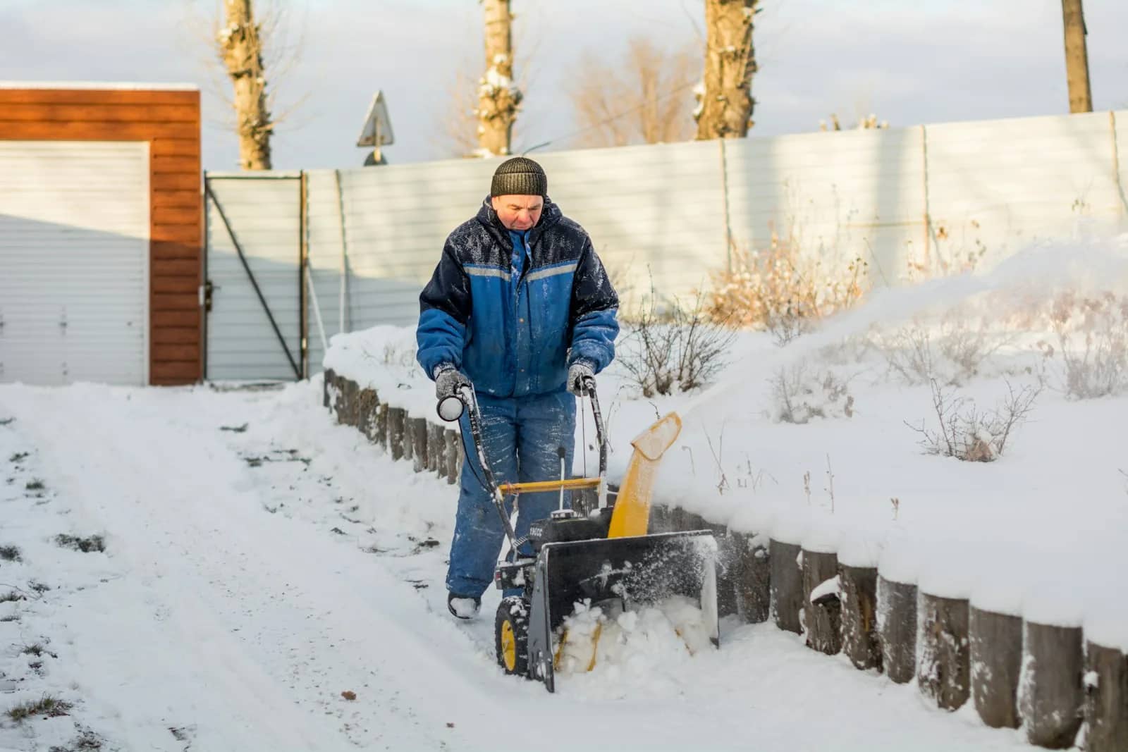 Snow removal: an operator walking a snow blower up a driveway, the cleared strip running back to the garage between banks of snow thrown clear on both sides.