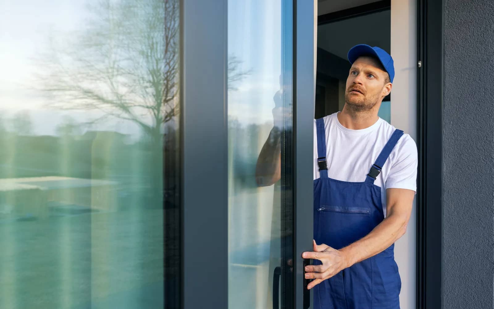 Window cleaning: a technician in blue overalls standing in the opening of a sliding patio door, one hand on the frame, looking up the run.