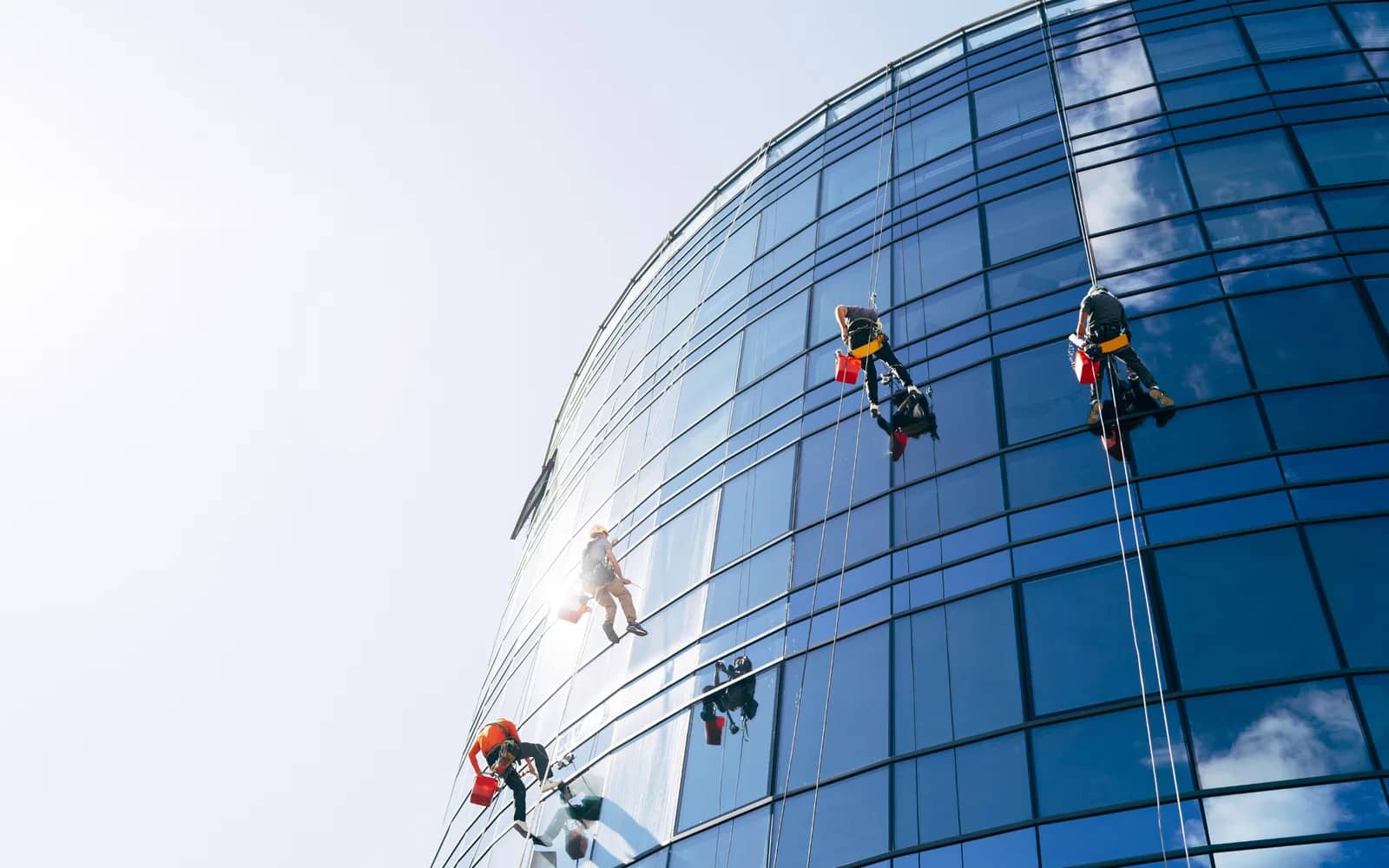 Window cleaning: four rope-access cleaners abseiling down the curved glass facade of a high-rise, each on twin ropes with a red bucket at the harness.