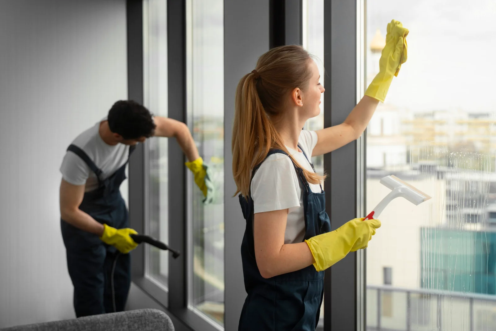 Window cleaning: a cleaner wiping down a full-height interior pane, a colleague working the next bay.
