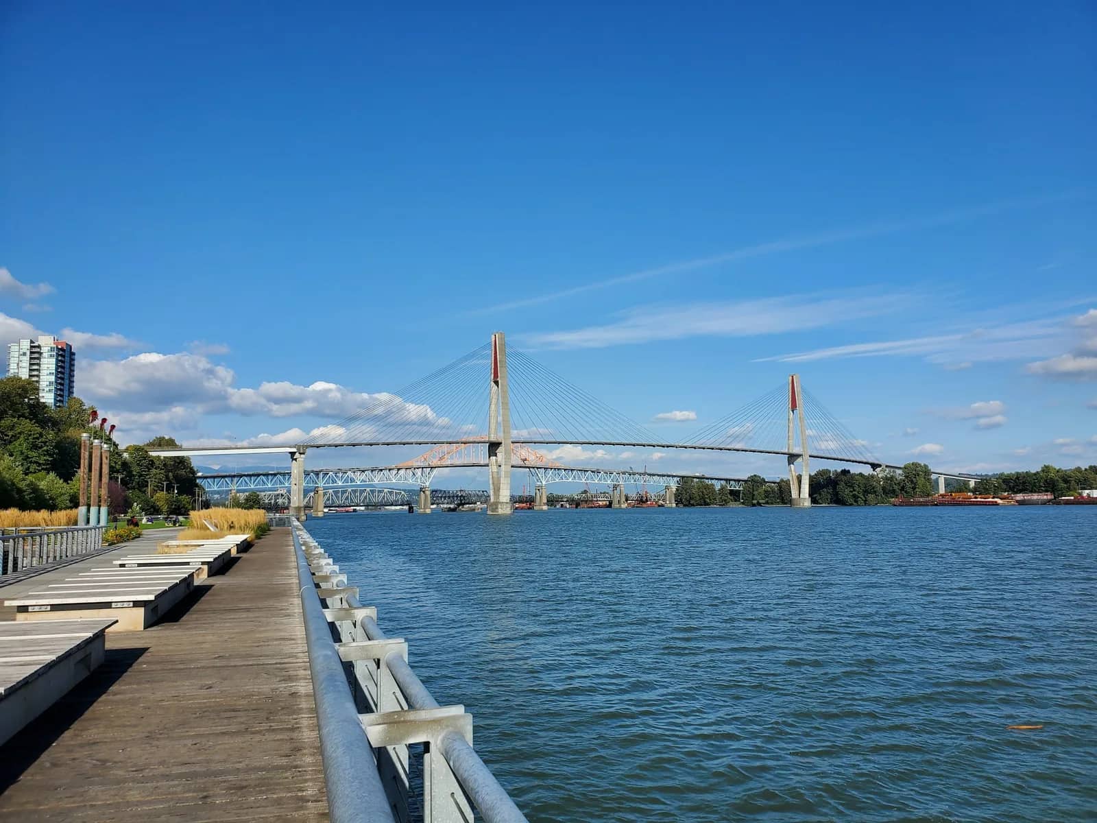 The boardwalk at Westminster Pier Park running along the Fraser River in New Westminster, with the two cable-stayed towers of the SkyBridge and the orange arch of the Pattullo Bridge behind it under a clear blue sky.
