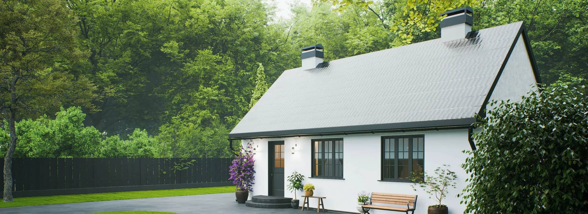 A single-family Greater Vancouver home with a grey composite roof, tucked among mature evergreens behind a trimmed hedge and paved walkway.