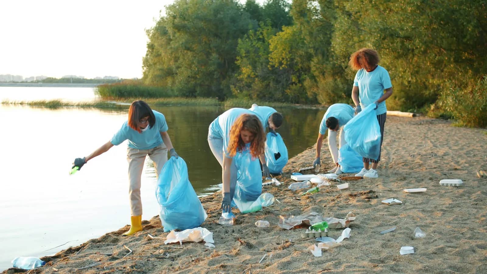 Volunteers in light-blue shirts bending to pick litter off a sandy shoreline into blue bags, with calm water and trees behind them.
