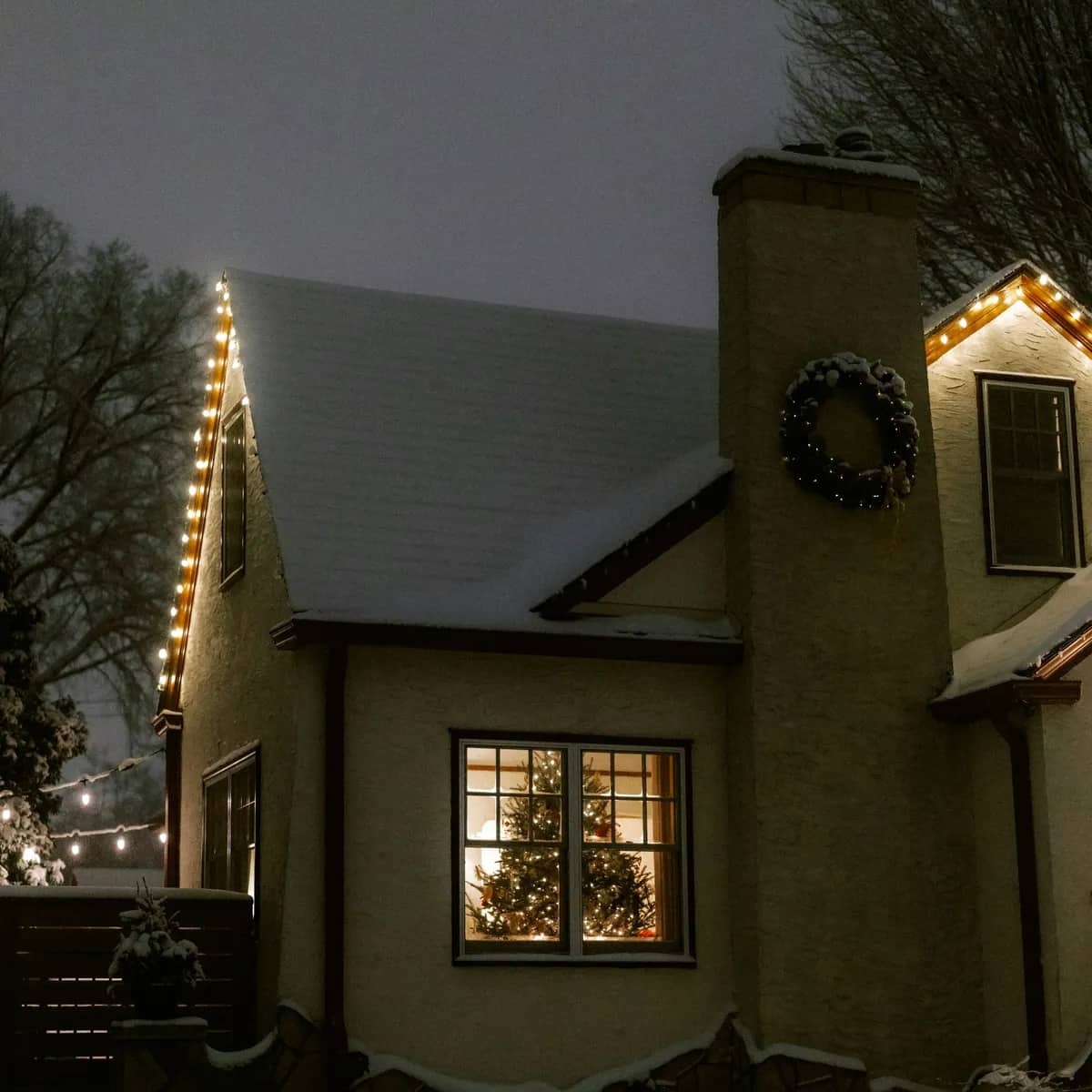 A stucco house on a snowy night, its gables outlined in white lights and a lit tree in the window.