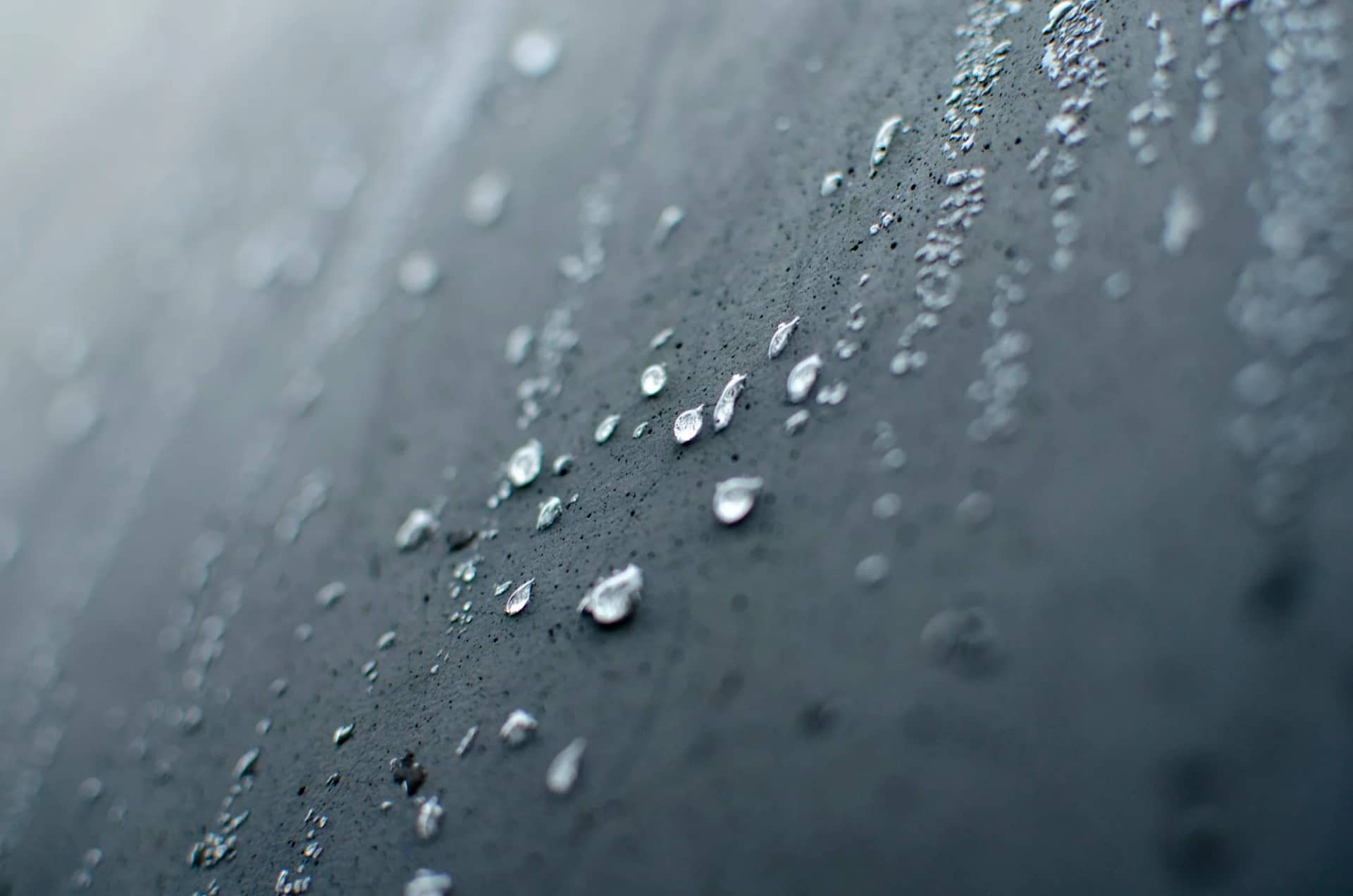 Rain standing in separate beads across a dark sealed surface rather than soaking into it, each drop holding its own shape.