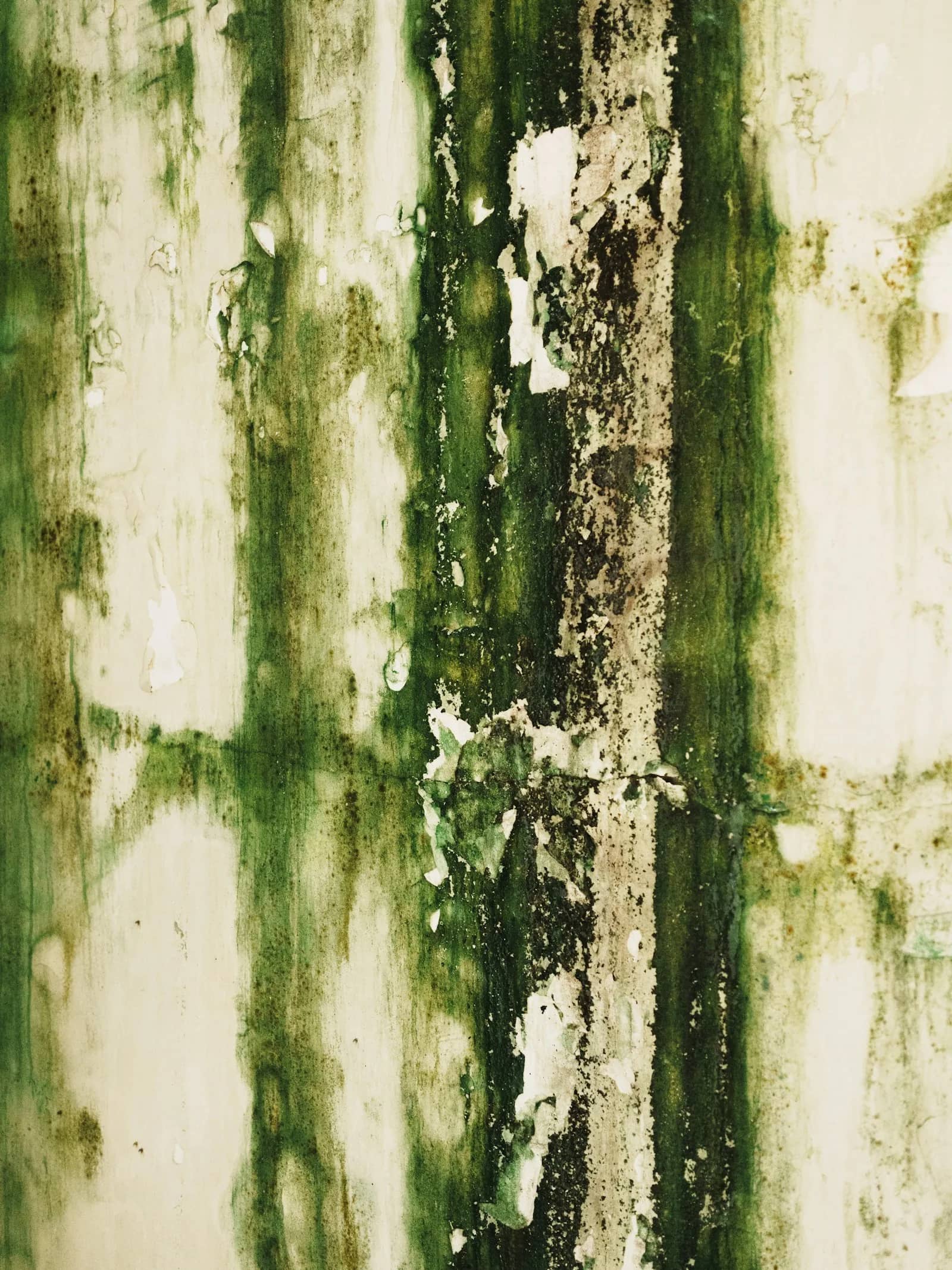 Soft washing: green algae running in vertical streaks down a cream-painted wall, the paint blistered and lifting where the growth is heaviest.